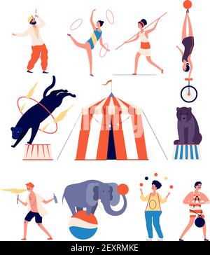 Attori del circo. Clown e mago, giocoliere e bilanciatori, uomo forte e ginnasta, pantera e orso. Circus mostra caratteri vettoriali piatti. Illustrazione di entertainment performer, juggler e mago Illustrazione Vettoriale