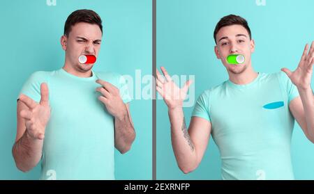 Imprevedibile. Interruttore umore sul viso maschile. Felice e arrabbiato, spaccare la personalità. Interfaccia moderna ed emozioni umane. Arte contemporanea, espressione facciale nel mondo della tecnologia. Ritratto emoji digitale. Foto Stock