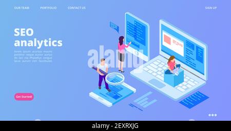 Pagina di destinazione di SEO Analytics. Concetto vettoriale di ottimizzazione SEO isometrica. Modello di pagina Web del servizio di analisi. Illustrazione analisi interfaccia seo sito web Illustrazione Vettoriale
