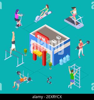 Concetto di club sportivo isometrico. Costruzione di palestra vettoriale e attrezzature per il fitness. Fitness persone formazione. Illustrazione attrezzature sportive per l'allenamento e l'allenamento Illustrazione Vettoriale