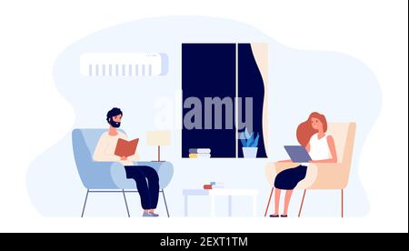 Sera in famiglia. Concetto di igge. Illustrazione vettoriale coppia piatta. Giovane uomo e donna che legge in soggiorno. Donna e uomo leggono il libro in tempo di riposo Illustrazione Vettoriale