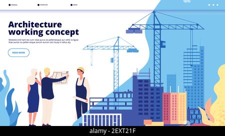 Pianerottolo di costruzione. Mutuo ipotecario, investimento di costruzione della caratteristica, ristrutturazione della casa. Concetto di vettore di servizio architettonico. Illustrazione casa di costruzione, pagina di costruzione di fotoricettore Illustrazione Vettoriale