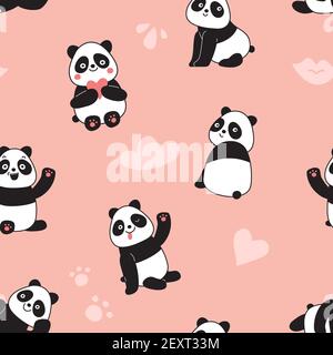 Modello senza giunture Panda. Happy carino orsacchiotti di panda volanti, adorabili animali selvatici dello zoo cinese. Colorful cartoon vettore texture bambini. Illustrazione orso e panda, modello animale di sfondo Illustrazione Vettoriale