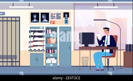 Ufficio di polizia. Dipartimento della città della stanza delle forze dell'ordine. COP in Uniform lavorando su investigatore professionale nel concetto di vettore interno armadio. Illustrazione ufficio COP, polizia del dipartimento della stazione della città Illustrazione Vettoriale