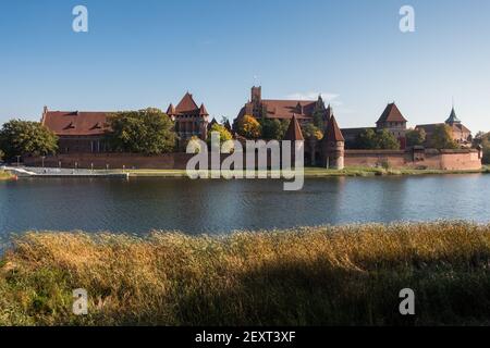 Vista sul Castello Malbork in Polonia e il suo riflesso Nel fiume Nogat in estate soleggiato giorno Foto Stock