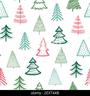 Modello di abete Doodle. Albero di Natale carta da parati fatta a mano. Xmas abete cute sketch vettore inverno vacanza struttura senza cuciture. Immagine di disegno con motivo di sfondo a ripetizione firtree e abete rosso di schizzo xmas Illustrazione Vettoriale