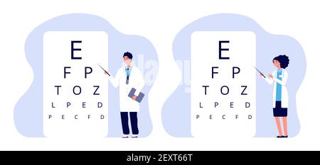 Caratteri degli oftalmologi. Gli oculisti che controllano l'illustrazione del vettore di visione. Oftalmologi maschi. Dottore in clinica oftalmologica. Esame medico della vista, oftalmologia di prova Illustrazione Vettoriale