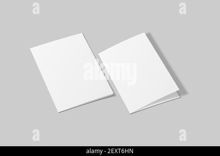 Brochure bipiega in formato A4 bianco realistico per mockup. Illustrazione della carta. Rendering 3D. Foto Stock