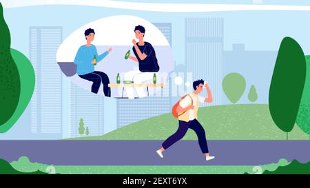 Concetto di hangover. Ragazzo dopo la festa a piedi in ufficio la mattina. Illustrazione vettoriale della sindrome di sbornia dell'uomo. Stanco adulto triste persona desideroso riposo. Mattina hangover modo di lavorare Illustrazione Vettoriale