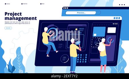 Landing per la gestione dei progetti. I minuscoli ragazzi gestiscono grafici su dashboard, persone che proiettano software. Concetto di vettore di brainstorming del lavoro di squadra. Software di progetto, gestione del lavoro di squadra e illustrazione dello sviluppo Illustrazione Vettoriale