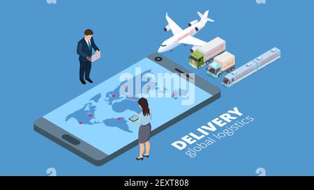 Logistica globale della consegna. Concetto di strategia di consegna. Gli imprenditori isometrici progettano l'illustrazione del vettore in linea di spedizione. Global delivery business, service cargo export logistic Illustrazione Vettoriale