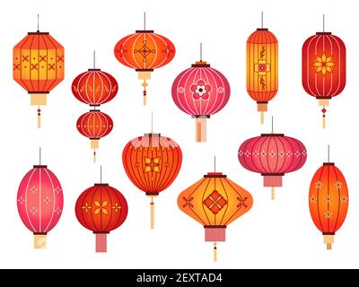 Lanterne cinesi. Chinatown e giapponese Street Holiday decorazione lampada rossa. Elementi vettoriali asiatici tradizionali di nuovo anno isolati su bianco Illustrazione Vettoriale