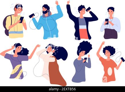 Le persone ascoltano la musica con gli auricolari. Felici giovani uomini e donne con cuffie e smartphone isolati cartoni animati vettoriali. Donna e uomo che ballano ascoltando musica in cuffia illustrazione Illustrazione Vettoriale