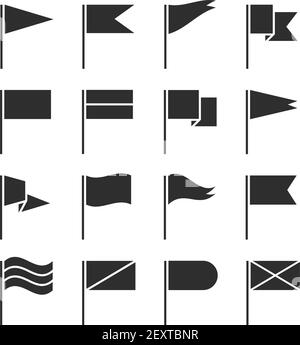 Icone di segnalazione. Pennant ondulato, bandiere nere silhouette. Elementi della mappa puntata della posizione GPS, insieme di vettori dei segni dell'interfaccia utente di inizio evento. Immagine che mostra l'ondulazione del flag per il segnale di posizione, contrassegnare l'interfaccia utente gps Illustrazione Vettoriale