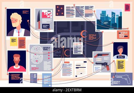 Scheda detective. Dashboard di indagine con foto, giornali e note con perni. Prove detective, concetto vettoriale schema di ricerca. Illustrazione del detective del crimine, investigazione e ricerca Illustrazione Vettoriale