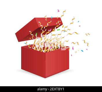Scatola a sorpresa. Apertura confezione regalo con confetti. Vettore Natale, compleanno, anniversario presente isolato su sfondo bianco. Illustrazione regalo al compleanno, pacchetto sorpresa natale, scatola con nastri Illustrazione Vettoriale