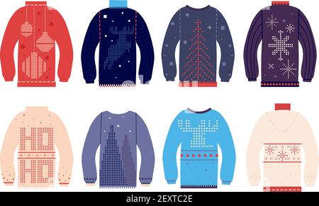 Maglione brutto. Pullover tradizionali brutto natale con diverse stampe carine e ornamenti, divertenti abiti di lana vacanza, set vettoriale. Maglione natale inverno, festa pullover illustrazione Illustrazione Vettoriale