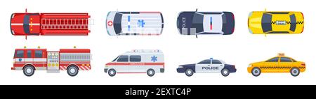 Impostazione del veicolo. Vista dall'alto del trasporto. Polizia auto ambulanza fuoco motore taxi vettore piano isolato. Icone per il trasporto urbano speciale. Illustrazione di automobile superiore, taxi e polizia, auto e ambulanza Illustrazione Vettoriale