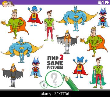 Illustrazione del cartone animato di trovare due stesse immagini gioco educativo per bambini con personaggi super eroi Illustrazione Vettoriale