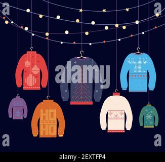 Maglione brutto. Pullover di Natale con diverse stampe carine e ornamenti, Capodanno festa biglietto di auguri decorazione, vettore sfondo blu scuro Illustrazione Vettoriale
