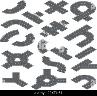Elementi isometrici della strada. Strade trafficate, strade automatiche e autostrade per la navigazione con mappe della città. Speedway, crocevia e pedalata insieme vettoriale. Illustrazione di strade autostradali, parte di traffico speedway e segmenti Illustrazione Vettoriale
