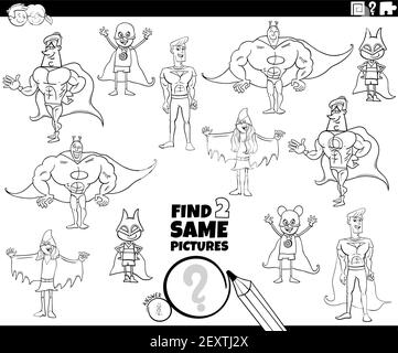 Illustrazione cartoon in bianco e nero della ricerca di due stesse immagini gioco educativo per bambini con super eroi libro da colorare personaggi pagina Illustrazione Vettoriale