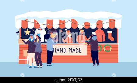 Mercato invernale delle feste di Natale. Buon Natale regali fatti a mano vestiti wreaths. Illustrazione vettoriale di Byers at counter Illustrazione Vettoriale