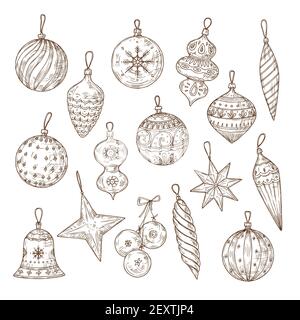 Set di sketch palle natalizie. Decorazioni su alberi di Natale. Vacanze invernali e nuovo anno vettore disegnata a mano collezione di festa. Illustrazione natale palla xmas, regalo scrimble sfera Illustrazione Vettoriale