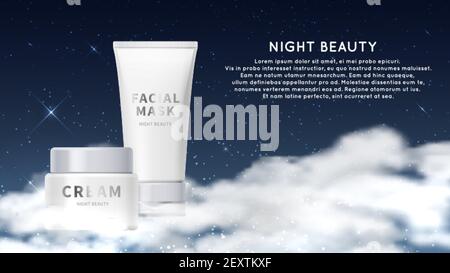 Notte sfondo cosmetico. Crema maschera facciale tubi realistic mockup. Fondo cosmetico vettoriale. Pubblicità estetica naturale, modello di promozione illustrazione pubblicitaria Illustrazione Vettoriale