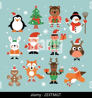 Personaggi di Natale. Babbo natale, abete e pinguino, pupazzo di neve ed elfo, lepre e gufo, cervo e pan di zenzero cartone animato. Pupazzo di neve di Natale e pinguino, capriolo illustrazione elfa Illustrazione Vettoriale