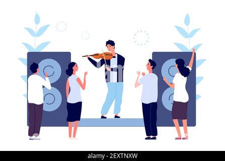 Concerto di musica classica. Performance violinista musicista. Le persone ascoltano violino sonoro. Illustrazione dell'orchestra di intrattenimento serale vettoriale. Musical violinista, musicista classico Illustrazione Vettoriale