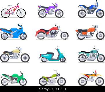 Set moto. Moto e scooter, moto e chopper. Motocross e consegna veicoli retrò e moderni vista laterale icone vettoriali. Illustrazione scooter e moto, chopper e bici sportiva Illustrazione Vettoriale