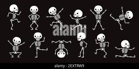 Scheletri danzanti. Carino halloween ballerini scheletro, divertente horror caratteri vettore isolato insieme. Illustrazione scheletro Halloween partito, personaggio osso umano Illustrazione Vettoriale