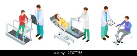 Fisioterapia riabilitazione. Pazienti e medici in clinica del centro di riabilitazione. Insieme vettoriale isometrico del trattamento di riabilitazione, illustrazione fisioterapica del paziente sanitario Illustrazione Vettoriale