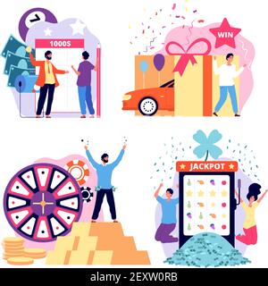 Persone e gioco d'azzardo. Uomo fortunato e donna che gioca a lotteria, slot machine e roulette da casinò. Vinci il premio jackpot, concetto di vettore di fortuna. Illustrazione gioco fortunato, gioco d'azzardo e vincere Illustrazione Vettoriale