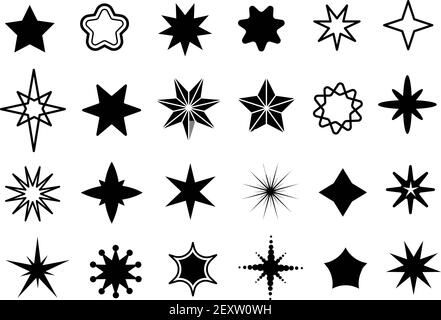 Set di forme a stella. Silhouette nere di stelle diverse, simboli geometrici scintillanti natalizi e collezione vettoriale isolata di stelle sceriffiche. Illustrazione stella scintilla, decorazione magica natale Illustrazione Vettoriale