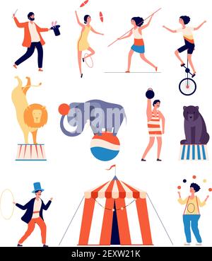 Attori del circo. Clown e mago, giocoliere e bilanciatore, allenatore di animali e uomo forte. Shapito circo vettore isolato caratteri. Illustratore, clown ed elefante, ginnasta e giocoliere Illustrazione Vettoriale