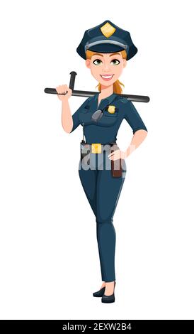 Donna di polizia in uniforme. Poliziotto femminile personaggio cartoon che tiene baton di gomma. Illustrazione vettoriale stock Illustrazione Vettoriale