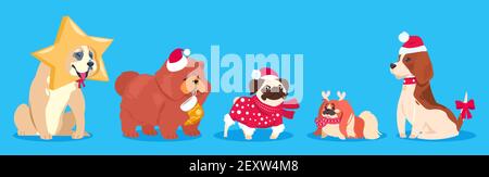 Cani di Natale. Animali vettoriali invernali. Carino cani cartoon in cappello santa, sciarpa con regali. Collezione di animali domestici. PET cane festa natale, celebrazione inverno nuovo anno illustrazione Illustrazione Vettoriale