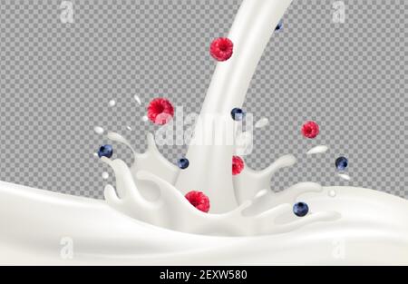 Spruzzata di yogurt. Flusso di latte di bacche e vettore di spruzzi di latte su sfondo trasparente. Crema di mirtillo lampone realistica. Illustrazione yogurt latte dolce, crema spruzzi liquido fragola Illustrazione Vettoriale