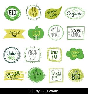 Emblemi ecologici. Bio-food verde vegano, etichette di prodotti naturali senza glutine. Organic sano mangia badges insieme vettoriale. Emblema ecologico e bio, illustrazione di adesivi vegetariani naturali Illustrazione Vettoriale