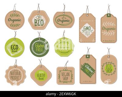 Etichette di cartone organico. Badge eco-carta, verde fattoria natura prezzo prodotto etichette negozio con emblemi ecologici. Set di bio-vettori vintage. Illustrazione cartone vegano ecologico, etichetta mercato del prodotto Illustrazione Vettoriale