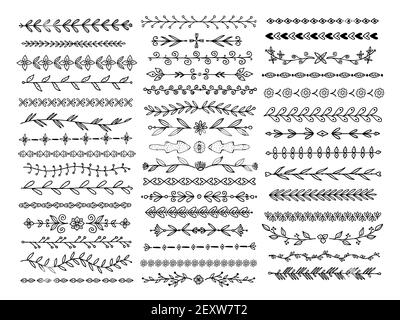 Bordi disegnati a mano. Divisori per schizzi di linee con elementi floreali decorativi. Decorazione doodle con testo floreale, set vettoriale con cornice per scrimoli. Illustrazione ornamento con graffietto floreale di bordo Illustrazione Vettoriale