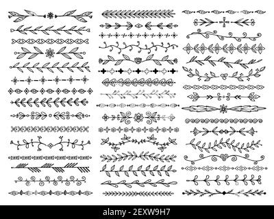 Bordi dello schizzo. Divisori decorativi natalizi, struttura rustica ruvida con fiore e fogliame. Set vettoriale sottolineatura biglietto di nozze. Illustrazione schizzo di un doodle ruvido, curva di taglio Illustrazione Vettoriale