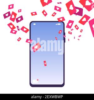 Gradisce la dipendenza. Telefono con mi piace, dipendenza dai social media. Illustrazione dello smartphone isolato dal vettore e delle notifiche. Social come la comunicazione, dipendenza online feedback Illustrazione Vettoriale