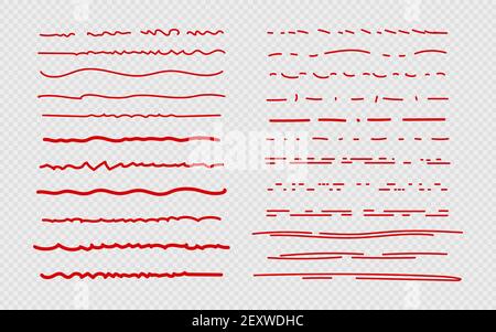 Sottolineatura dello schizzo. Tratto, bordi e segni di incisione rossi. Pennellini di inchiostro per diario, bullet journal o notebook decorazione. Set di vettori di linee di marcatura o matita. Illustrazione con tratto sottolineato Illustrazione Vettoriale