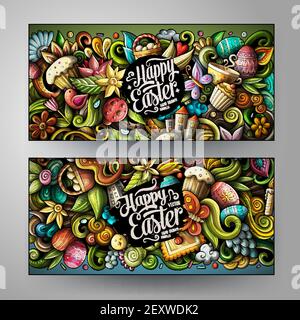 Cartoon carino vettore coloratissimi doodles buone bandiere di Pasqua Illustrazione Vettoriale