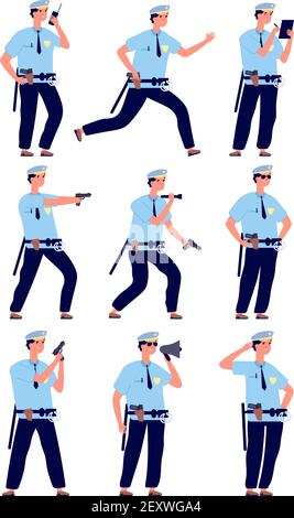 Poliziotto. Ufficiale americano di sicurezza poliziotto, polizia pattuglia in uniforme con pistola. Set vettoriale di personaggi cartoni animati di guardie professionali. Poliziotto ufficiale di illustrazione, professionista americano di guardia in uniforme Illustrazione Vettoriale