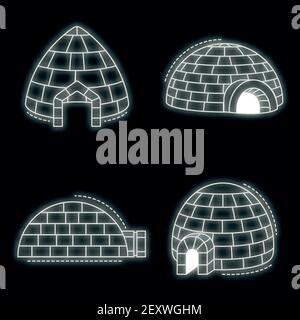 Set di icone igloo eskimo. Contorno insieme di icone vettoriali igloo eskimo colore neon su nero Illustrazione Vettoriale