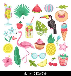 Elementi estivi. Adesivi tropicali per le vacanze. Flamingo, gelato e ananas, foglie e cocktail, pappagallo e cappello da spiaggia, set vettoriale di stelle marine. Illustrazione fenicottero e cocomero, palma e frutta Illustrazione Vettoriale